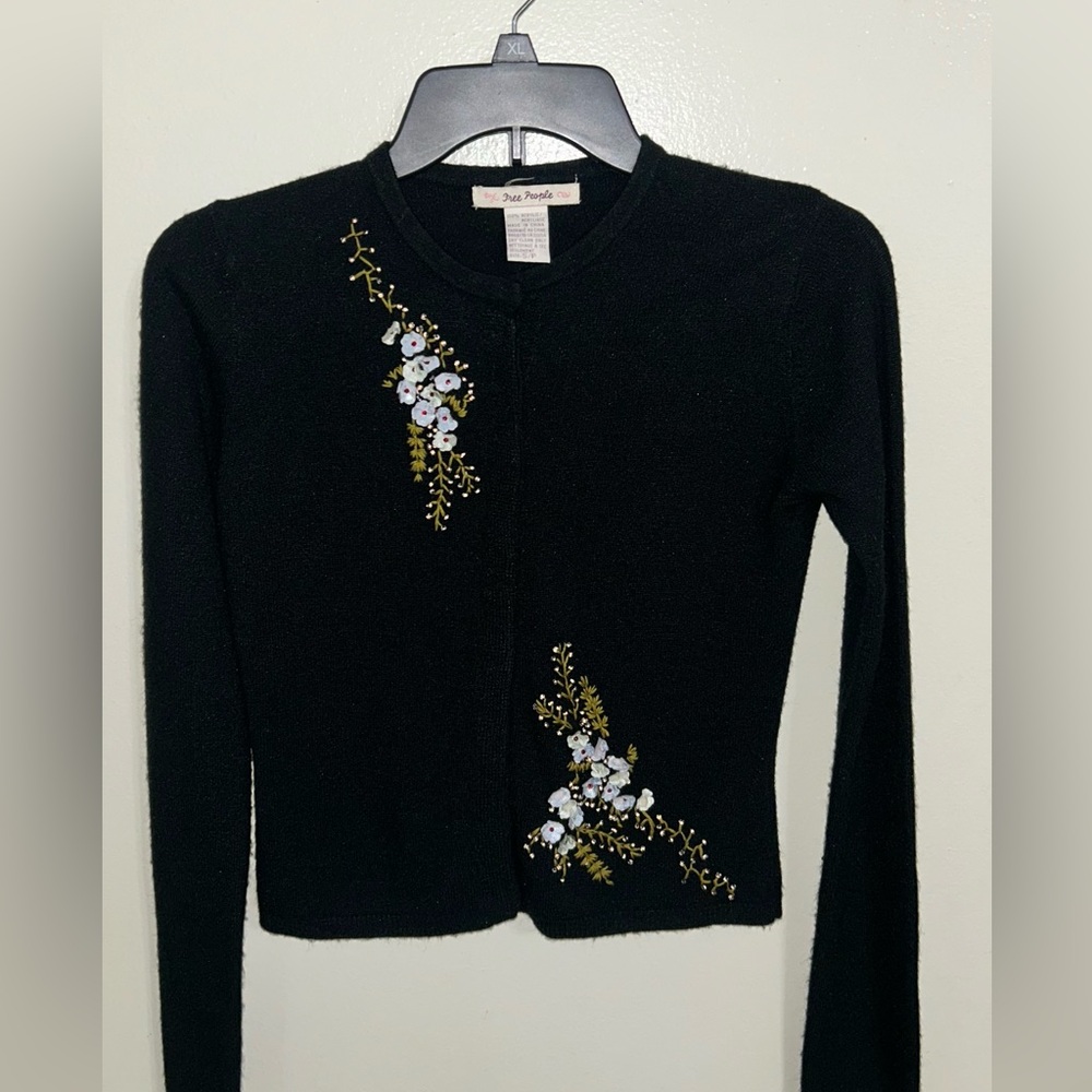 Free People Vintage The Originals 1950 Inspired Embroidered Cardi Black Petite S